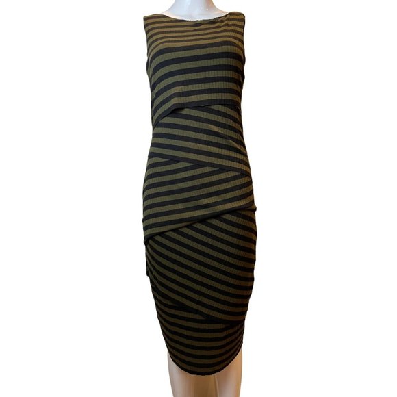 Bailey/44 Womens Bodycon Column Dress Striped EVE 1275 Olive Black Size Medium - Picture 1 of 7